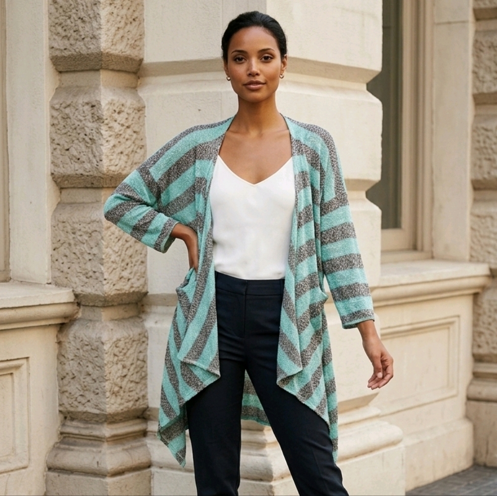 LuLaRoe Lindsey Mint Gray Striped Open Front Kimono Cardigan Lightweight Large